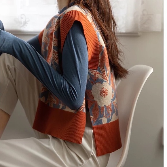 Floral know vest sweater too v-neck high low knit vintage soft orange - Picture 10 of 14